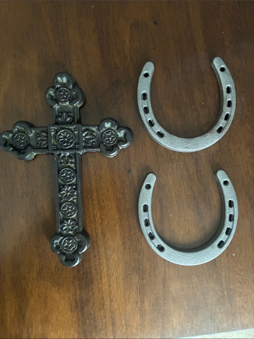 Decorative Black Cast Iron Cross and Horseshoes Wall Set Luck Protection Symbols